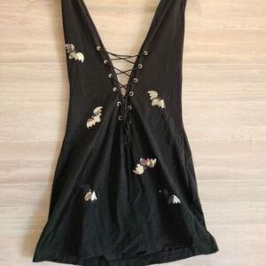 Black Mini Dress Costume Bat Appliqués Corset Lace-Up Gothic Witchy Vibe